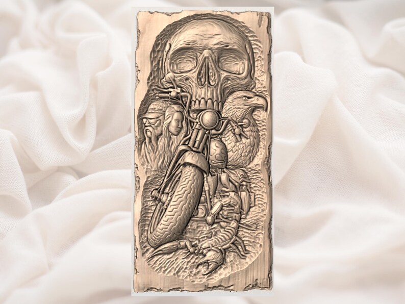 May include: A detailed wood carving featuring a motorcycle, skull, eagle, and other figures. The artwork is in shades of brown and beige, with intricate details. The motorcycle is positioned in front of the skull, with an eagle on the side. The overall theme is biker culture.