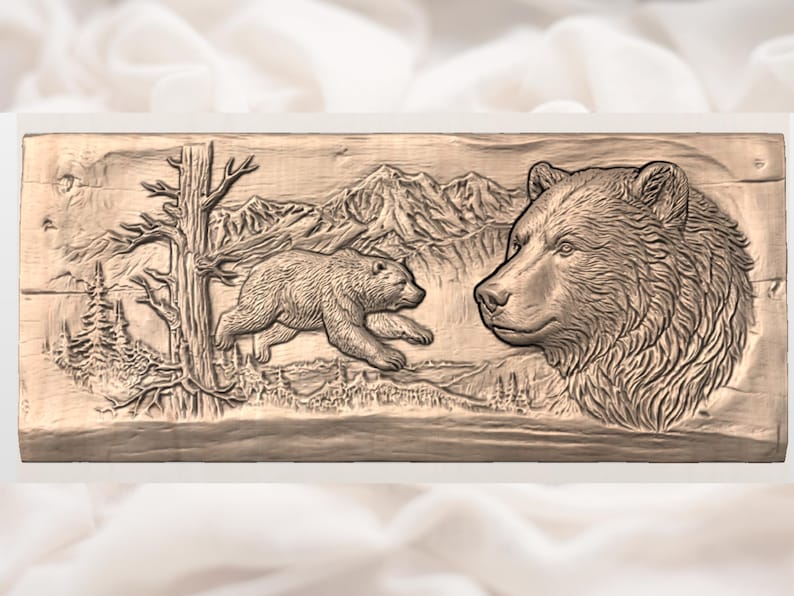 Grizzly Bear Bas Relief STL | Mountain Wilderness Plaque | Rustic Lodge Wall Decor |Grizzly Mountain Wall Art | Hand Carved Wood Grain Panel image 3