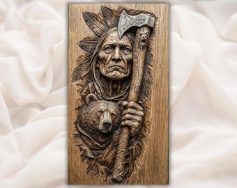 Native Warrior with Bear 3D Relief STL | Tribal CNC Router Wood Carving File | Spirit Animal Bas-Relief Wall Art  | Home Decor