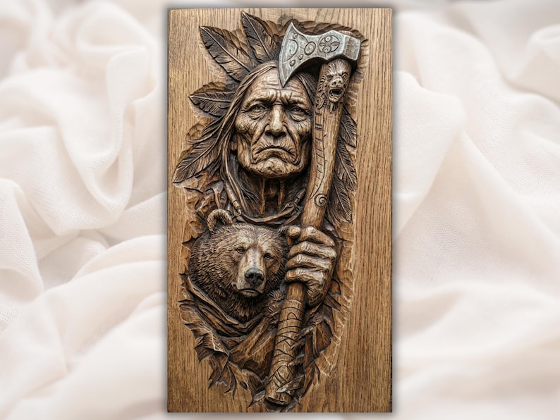 Native Warrior with Bear 3D Relief STL