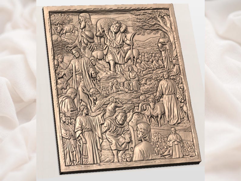 May include: A rectangular, bronze-coloured relief sculpture depicting a biblical scene. The artwork features figures in flowing robes, sheep, and a shepherd. The relief is detailed with various characters and a landscape.