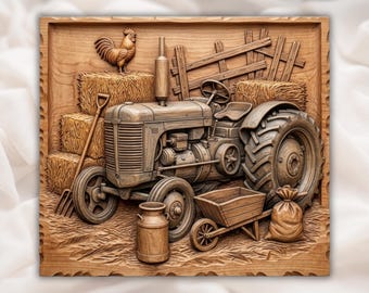 Vintage Farm Tractor Heritage Scene CNC Relief STL | Rustic Country Farmhouse Wall Art Panel | Antique Agriculture Decor