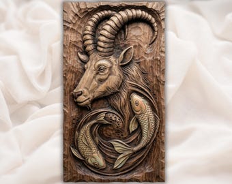 Alpine Ibex and Koi STL | Ram Horn Animal Wood Carving Design | Mountain Goat Koi STL | Rustic Cabin Wildlife Plaque | Rustic wall decor