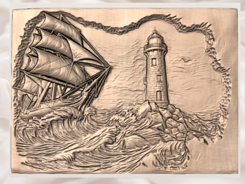 May include: A wooden relief carving showing a sailing ship battling stormy seas, alongside a lighthouse on a rocky outcrop. The artwork is in shades of brown, with detailed waves and ship sails.