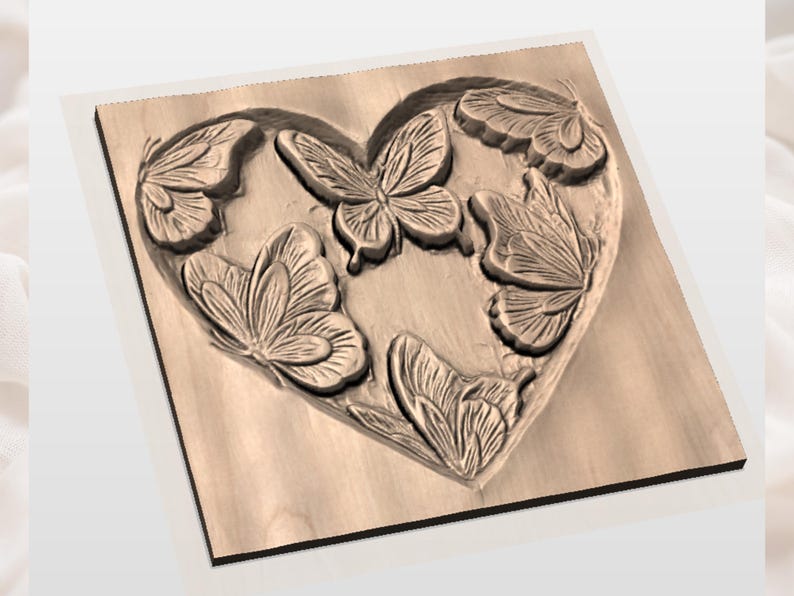 May include: A wooden plaque with a heart-shaped design, carved with butterflies. The butterflies are arranged around the heart's edge, creating a decorative, nature-inspired piece. The wood has a natural, light brown colour.
