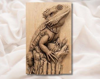 Baardagaamhagedis 3D-reliëf STL | Wandpaneel reptielen leguaan | 3D-print lasergraveerbestand CNC-router