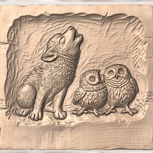 Howling Wolf & Owls 3D Relief STL view 2