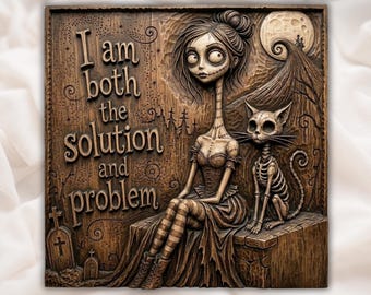 Gothic Girl and Skeleton Cat 3D Relief STL | Spooky Macabre Wall Art | CNC Router & Laser