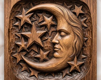 Moon Face and Stars CNC Relief STL | Mystic Celestial Wall Art | Ornate Astrology Wood Carving