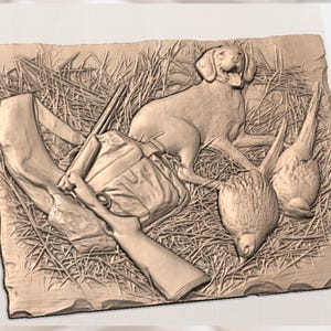 Hunting Dog & Pheasants 3D Relief STL view 2