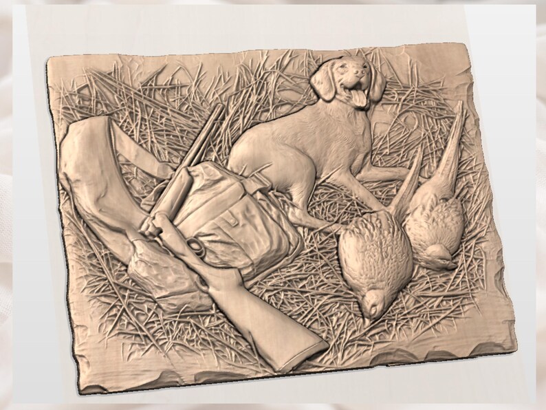 May include: A wooden relief carving of a hunting scene. A dog lies beside a hunting bag, a rifle, and two birds. The carving is in shades of brown and beige, with detailed textures representing grass and feathers.