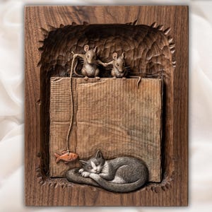 Sleeping Cat , Fish  and Mice Relief STL view 1