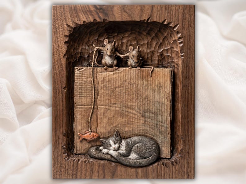Sleeping Cat , Fish  and Mice Relief STL