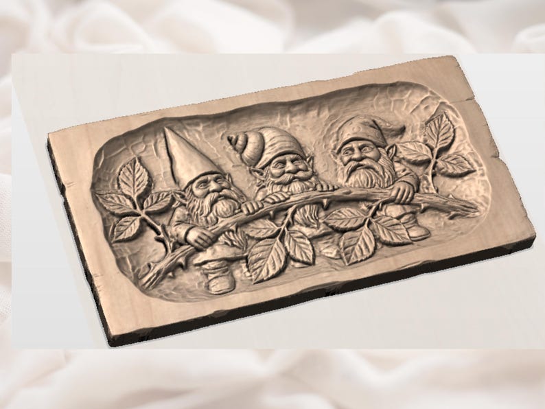 May include: A wooden plaque featuring a carved relief of three gnomes holding a branch with leaves. The gnomes wear pointed hats and have long beards. The plaque is rectangular with a natural wood finish.