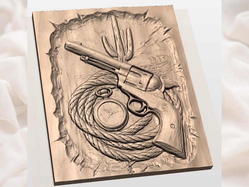 May include: A wooden relief carving depicting a Western scene. The artwork features a revolver, a pocket watch, and a coiled rope, with a desert landscape and cactus in the background. The carving is in shades of brown and tan.