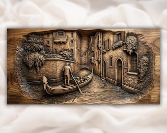 Venice Canal Gondola 3D Relief STL | CNC Router Wood Carving File | Italian Cityscape Wall Art Panel | Travel Decor | Laser Engraving