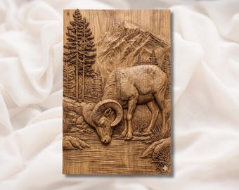 Relieve 3D de borrego cimarrón STL / Panel de arte mural de montaña Ram con río y bosque / Router CNC Aspire, VCarve Pro, Carveco, Fusion 360, ArtCAM