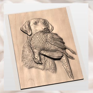 Retriever With Pheasant 3D Relief STL view 2