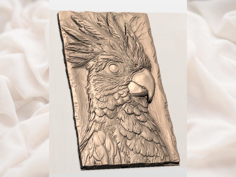 May include: A detailed relief carving of a cockatoo's head and upper body. The artwork is in shades of brown and tan, with intricate feather and facial details. The carving is mounted on a rectangular, textured wooden panel.