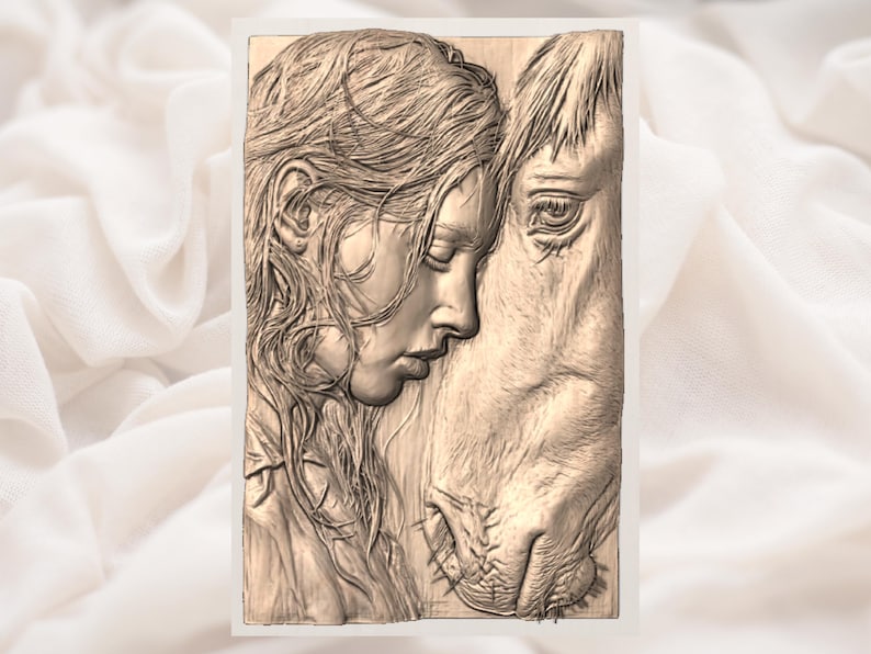 May include: A detailed relief carving depicts a woman with flowing hair leaning against a horse. The woman's face is serene, and she is touching the horse's head. The artwork is in shades of brown and beige, creating a warm and intimate scene.