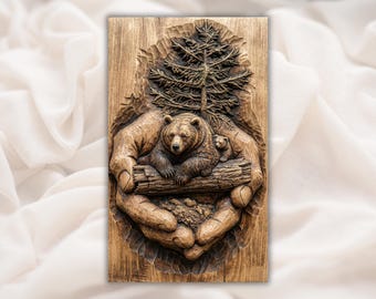 Bear in Caring Hands 3D Relief STL | Wildlife Protection CNC Wood Carving File | Mama Bear & Cub STL | Rustic Cabin Decor