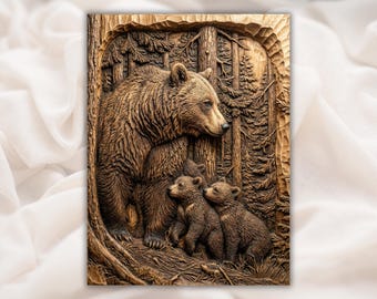 Björnfamiljens relief i STL | CNC-fräs 3D-sniderimodell | Mamma Björn & Ungar i träådring | Väggkonst av vilda djur i stuga