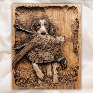 Retriever Dog With Pheasant 3D Relief STL view 1