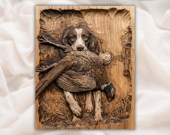 Retrieverhond met fazant 3D-reliëf STL | CNC-router houtsnijpaneel bestand | 3D-afdruk bas-reliëf STL | Muurdecoratie jachthuthut