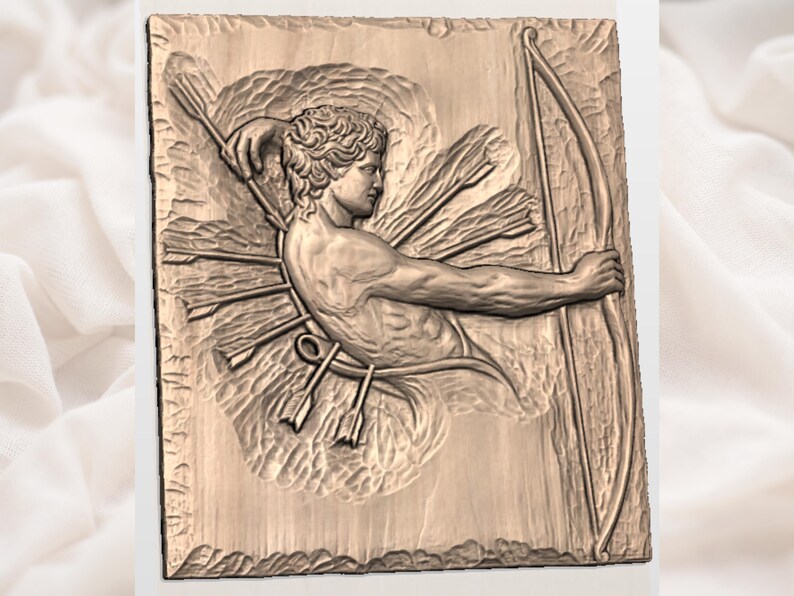 May include: A carved wooden relief depicting a classical figure with a bow and arrows. The figure is in the process of drawing the bow, with arrows fanned out behind him. The relief is a warm, natural wood tone.