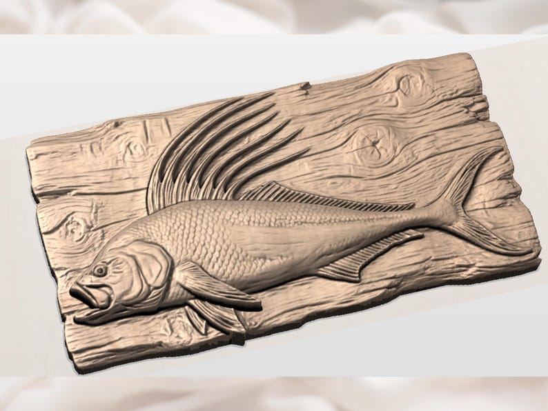 Panel de arte mural de pez gallo en relieve 3D STL / Pesca en agua salada / Tallado realista de pez STL / Decoración costera para casa de playa imagen 3