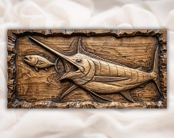 Relief av marlinsvärdfiskfiske i STL-format | CNC-fräs 3D-modell | Reliefpanel av storviltfiskjakt i trä | Väggkonst av kustnära mangrove