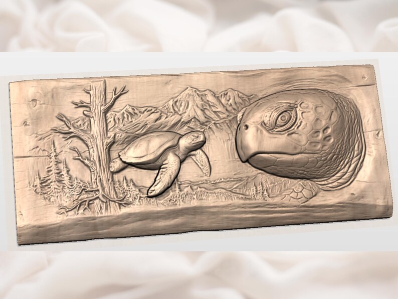 Puede incluir: Un relieve de madera rectangular que representa dos tortugas y un paisaje monta&ntilde;oso. El relieve es en tonos marrones y muestra una escena detallada de la naturaleza, incluyendo &aacute;rboles y monta&ntilde;as. Las tortugas son el foco.