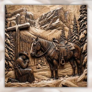 May include: A detailed wood carving depicts a cowboy kneeling in prayer before a cross, with a saddled horse nearby. The scene is set in a mountainous, forested landscape, with intricate details in the wood grain and a warm, natural color palette.