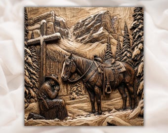 Cowboy Prayer Horse STL Relief | Western Cross 3D Carving File for CNC Router | Rustic Christian Wall Art Panel | Home decor