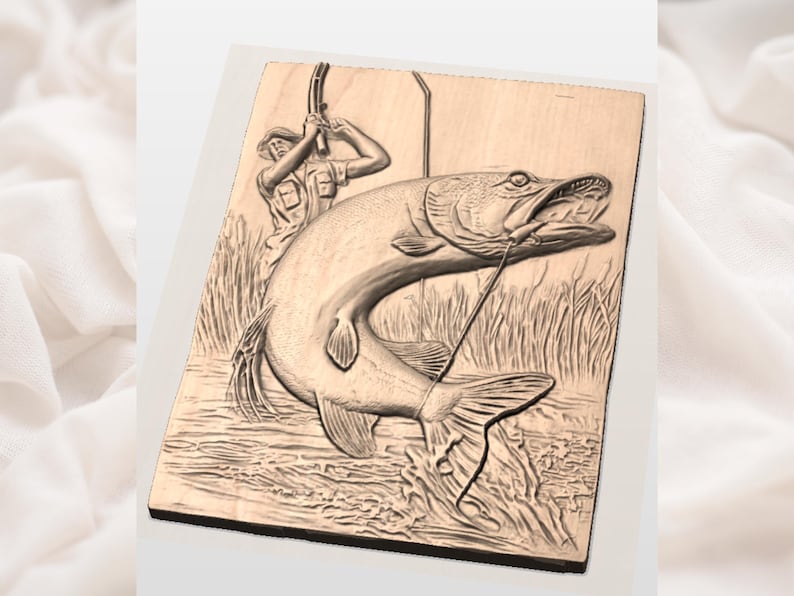 May include: A wooden relief carving depicting a fisherman reeling in a large fish. The artwork shows the fish leaping from the water, with the fisherman in the background. The carving is in shades of brown and tan, with detailed textures.