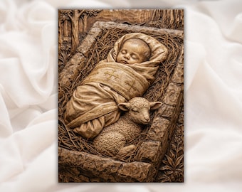 Nativity Baby Jesus 3D Relief STL for CNC Router | Sleeping Infant with Lamb Wood Carving Panel | Christian Wall Art Panel | Religious Decor