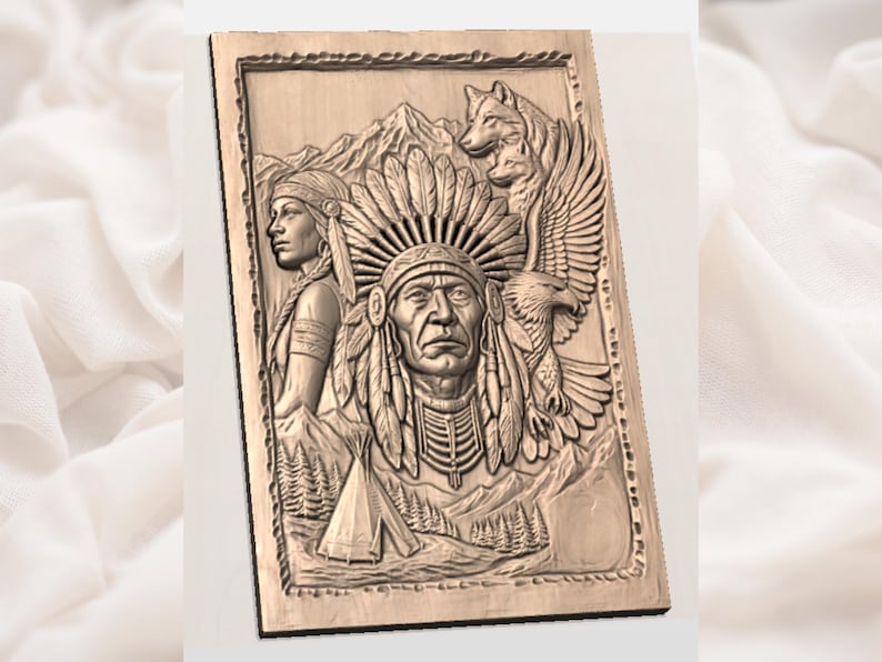 May include: A wooden relief carving depicting Native American figures, including a chief with a feathered headdress, a woman, a wolf, and an eagle. The artwork features mountain and forest scenery, with a teepee visible. The carving is framed with a decorative border.
