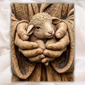 Lamb in Jesus Hands 3D Relief STL view 1
