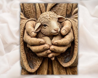 Lamb in Jesus Hands 3D Relief STL | Christian Good Shepherd CNC Router Wood Carving File | Bible Wall Art Bas-Relief Panel