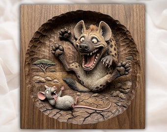 Zabawna hiena i mysz 3D Relief STL do frezarki CNC | Panel z drewnianą rzeźbą z kreskówkową przyrodą | Sztuka ścienna do pokoju dziecięcego | Śmiejąca się hiena STL