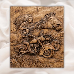 Native Warrior and Biker 3D Relief STL view 1
