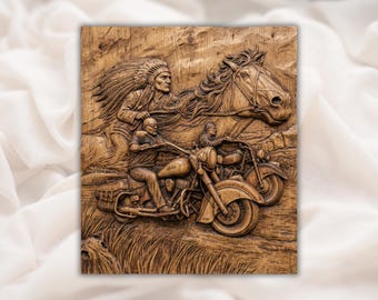 Native Warrior and Biker 3D Relief STL | Horse & Motorcycle Western Tribute Panel | CNC Router Carving File, 3D Print, Laser Engrave | Decor