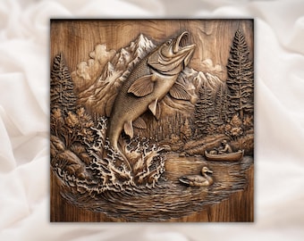 Jumping Trout 3D Relief STL | Mountain Lake Fishing Scene Panel with Boat & Duck | CNC Router, 3D Print, Laser Engrave | Digital File