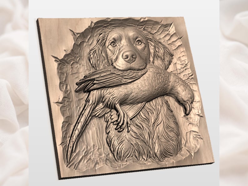 May include: A wooden relief carving depicting a dog with a bird in its mouth. The dog's fur and facial features are finely detailed. The bird is also intricately carved, with visible feathers and a curved beak. The carving is set against a textured background, with a natural wood tone.