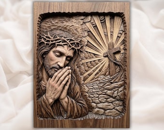 Jesus Praying STL | Christian Relief Carving | Crown of Thorns Design |Radiant Cross Wall Plaque | Religious Prayer Room Decor |Biblical Art