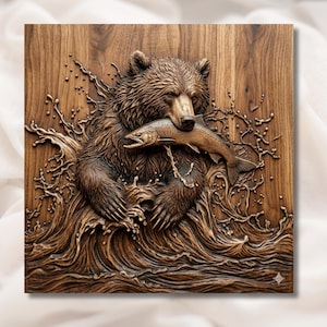 Bear Catching Fish 3D Relief STL view 1