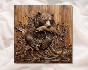 Bear Catching Fish 3D Relief STL | Grizzly Salmon Splash Wildlife Wall Art Panel | CNC Router 3D Print Laser Engrave File