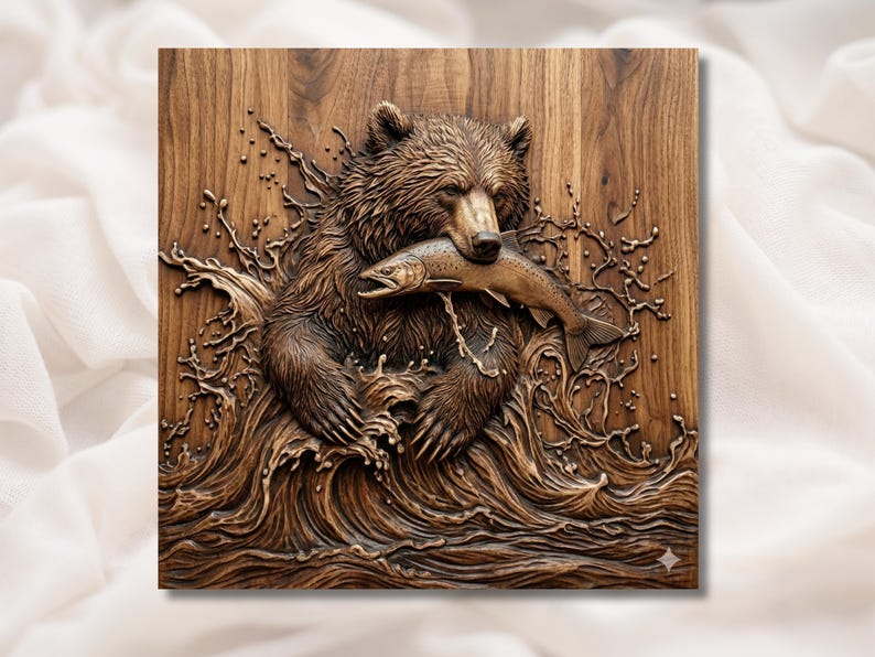 Bear Catching Fish 3D Relief STL