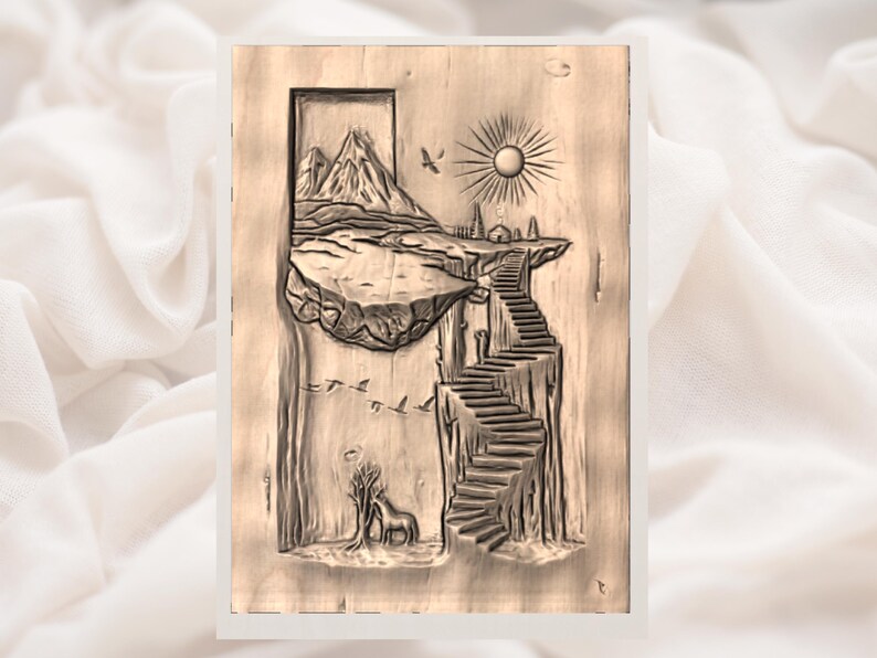 May include: A wooden relief carving depicts a surreal landscape. A mountain scene is framed by a rectangular opening. A staircase leads up to a cliff with a sun and buildings. Birds and a horse are also carved into the wood.