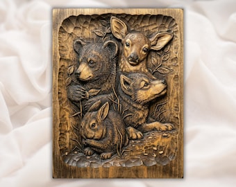 Skogsdjurungar 3D Basrelief STL | CNC-ruttersnideripanel | Väggkonst i skogsstuga | Fars dag-gåva för jägare